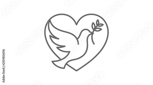 Peace bird with olive branch in heart line art.