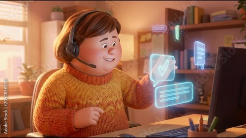 Animated person interacting with digital speech bubbles