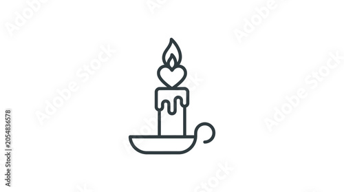Single burning candle in holder line art icon