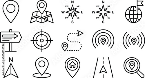 Schilderij op canvas Navigation vector icon set featuring map pins location markers compass rose glob