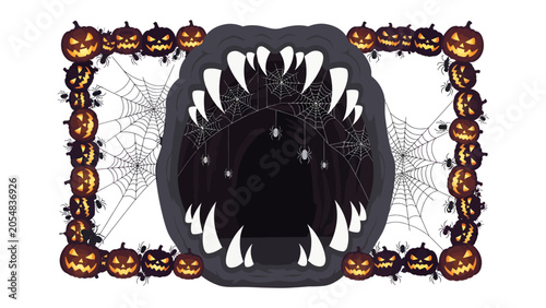 Foto Halloween Monster Mouth Border: A spooky and festive Halloween-themed border features a monstrous mouth with sharp teeth and fangs, framed by jack-o'-lanterns and cobwebs