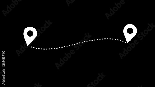 Two location pins connected by dotted line on black background minimal navigation concept