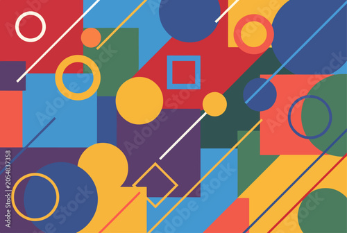 Dynamic colorful circles background enhanced with stylish square outline accents