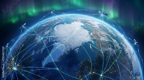 Global Satellite Network Connections Earth Map at Night