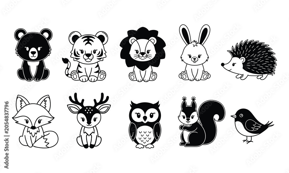 Obraz premium Cute cartoon baby animal set, black and white outline vector illustration for kids.