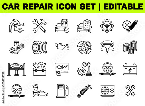Car Repair and Maintenance Icon Set. Auto Service, Inspection and Mechanical Parts Outline Editable Stroke Vector Illustration