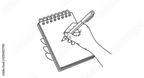 A line art illustration of a hand writing in a spiral notebook.