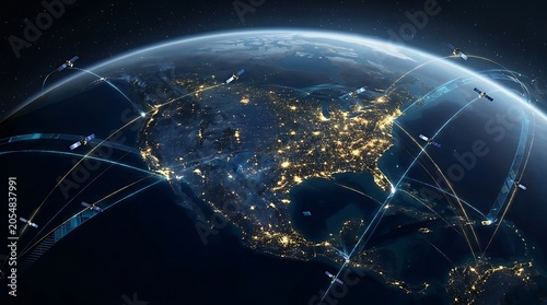Satellites orbiting Earth, relaying information globally at night