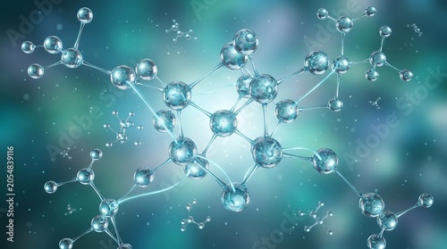 Create an ultra-high-resolution scientific visualization of an advanced molecular network suspended within a futuristic research environment 