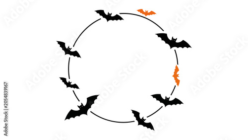 Tablou pe pânză Bats Circling in a Ring: A graphic illustration depicts a circular formation of black bats, with two orange bats breaking the pattern, evoking a sense of spooky Halloween or a cyclical theme