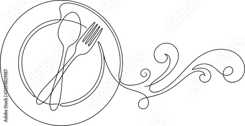 Elegant line art dinner plate with utensils and decorative swirls