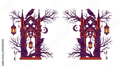 Obraz na płótnie Gothic Archway with Ravens and Lanterns: A symmetrical, eerie scene features two gothic archways adorned with twisted branches, perched ravens, hanging lanterns, and crescent moon symbols