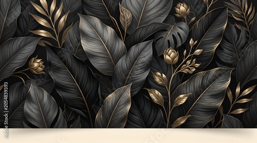 Ultra-high-resolution luxury botanical artwork featuring an elegant arrangement of large overlapping tropical leaves rendered in a sophisticated black-and-gold palette