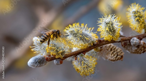 Whispering wind carrying bee through cottonwood catkins, spring awakening