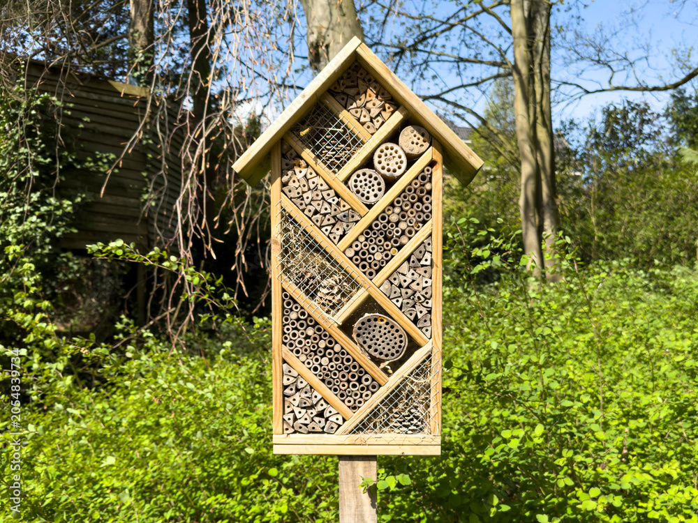 Obraz premium A wooden insect house, or insect hotel, stands in a lush green garden on a sunny spring day. The structure provides nesting and shelter for solitary bees and ladybirds, supporting biodiversity.