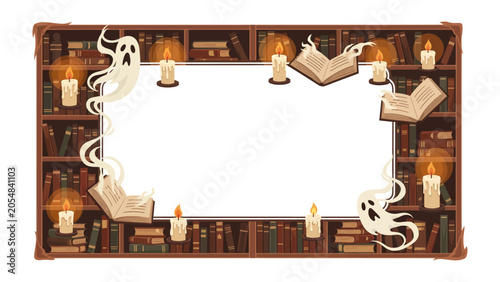 Foto Mysterious Halloween Bookshelf: A spooky bookshelf filled with vintage books, flickering candles, carved pumpkins, and playful ghosts