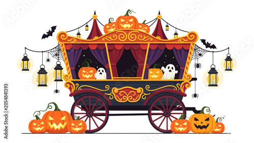Tableau sur toile Haunted Carriage at Halloween: An ornate, spooky carriage adorned with carved pumpkins, flickering lanterns, and ghostly figures, set against a backdrop of Halloween decorations