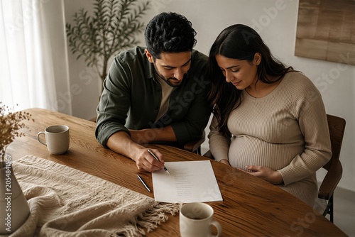 Pregnant woman and man sitting at table writing baby name list together. Couple expecting child planning future. Domestic life, parenthood concept and anticipation of new baby arrival.
