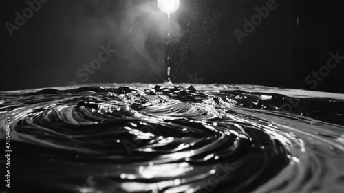 Black and white close up of viscous dark liquid bubbling under a bright light source creating a textured abstract background.