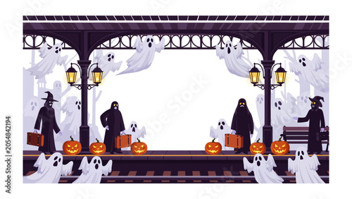 Foto Halloween at the Station: Ghosts and ghouls gather at a spooky train station, adorned with pumpkins and eerie lanterns, creating a festive yet frightful scene for Halloween night