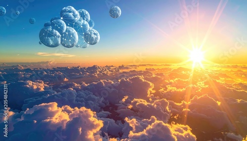 Sunset over a sea of clouds, with futuristic cloud-like orbs networked above, basking in golden light