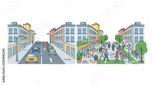 Foto Comparison illustration showing a car dominated street transformed into a pedestrian friendly urban space