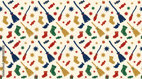 Tableau sur toile Seamless Epiphany pattern with Befana brooms and holiday treats.