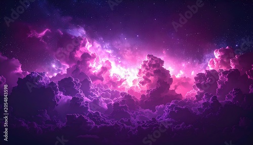 Vibrant pink and purple celestial skyscape with fluffy clouds and starlight