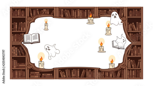 Принти на полотні Spooky Library Frame: A whimsical border design featuring ghostly apparitions, flickering candles, and vintage books, set against a backdrop of antique bookshelves