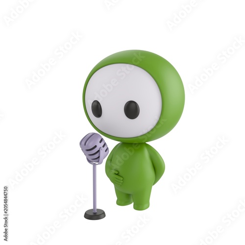 фотографія Cute 3D render Green Bot character standing and speaking into a microphone, confident presentation pose, isolated on white background