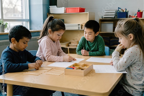 Diverse group of kids sitting at table in classroom for preparatory preschool lesson. Students drawing and counting with wooden sticks. Educational activity for early childhood development.