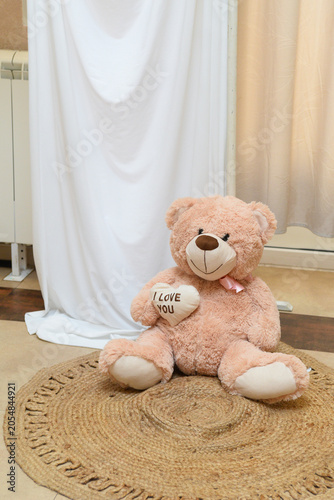 Decoration as a background for photos with the newlyweds. A white curtain, bouquets of roses, a teddy bear holding a heart with the words 