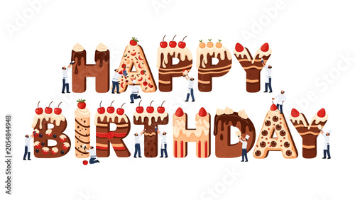 Fotografija Sweet Celebration: Tiny bakers meticulously craft Happy Birthday into delectable letters made of cake and frosting, adorned with cherries and drizzles
