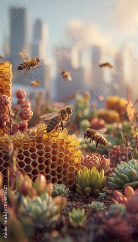 World Bee Day celebration scene with diverse wild bees pollinating an urban rooftop garden, honeycomb structures amid succulents, city skyline soft-focused behind, hopeful morning light