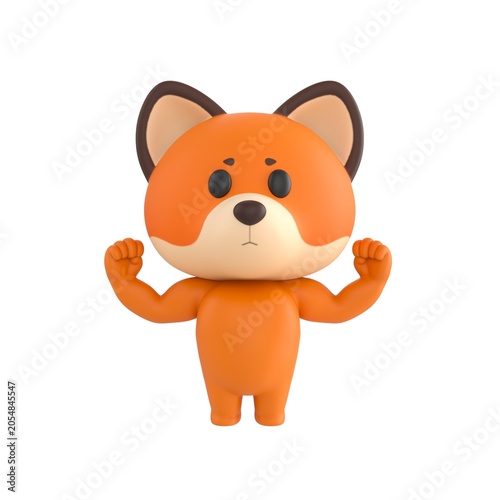 Fotografija Cute 3D render Little Fox character flexing muscles to show strength, confident and powerful mascot style, isolated on white background