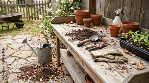 Wooden potting bench featuring clay pots gardening tools and fresh green seedlings in a garden