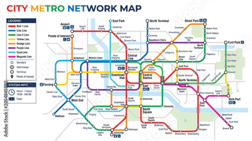 Colorful city subway system map with transit lines and stations