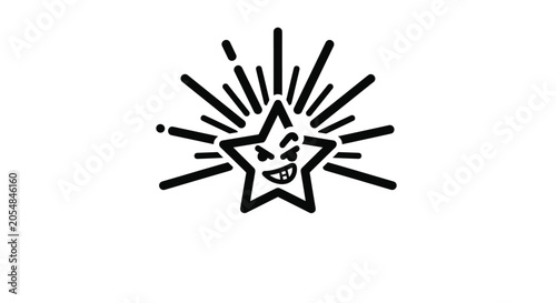 Playful black and white icon of a five pointed star with a cheeky, mischievous facial expression surrounded by stylized light rays.