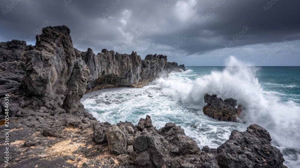 Fototapeta premium Dramatic volcanic coastline with crashing ocean waves under stormy gray clouds
