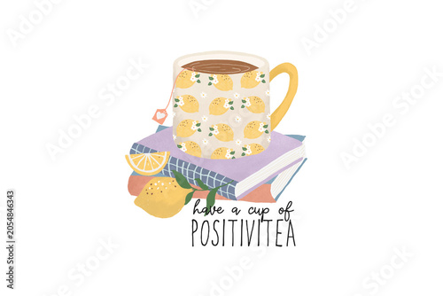 Fotografie Lemon patterned mug on books with have a cup of positivitea pun quote Sublimati