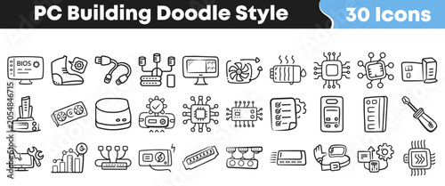 Hand drawn collection of thirty computer building and hardware icons