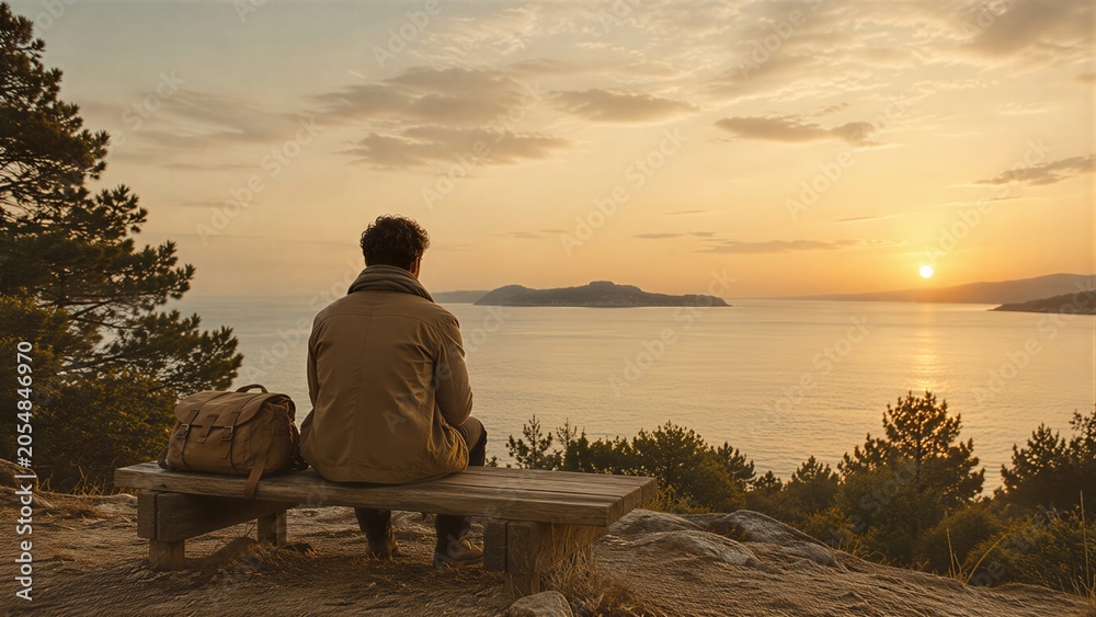 Fototapeta premium Man sitting on bench overlooking ocean at sunset. Solo traveler relaxing during off season trip. Peaceful contemplation in autumn landscape. Adventure, freedom and nature exploration.