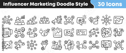Tableau sur toile Hand drawn doodle style icons for influencer marketing social campaigns