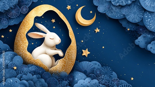 White teddy bear holding golden crescent moon and stars on blue stars background