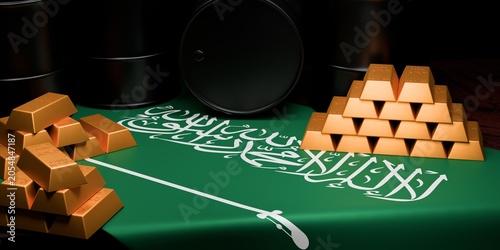 Gold bars and oil barrels on Saudi Arabia flag, 3D render