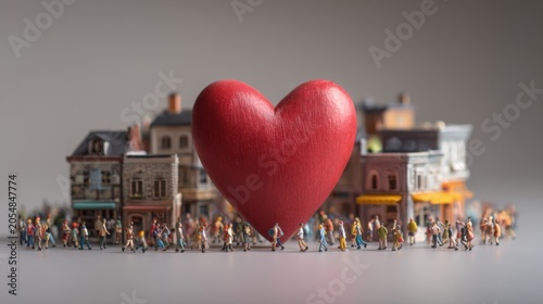A giant red heart symbol stands tall in front of a miniature town populated by tiny figures, symbolizing love and community