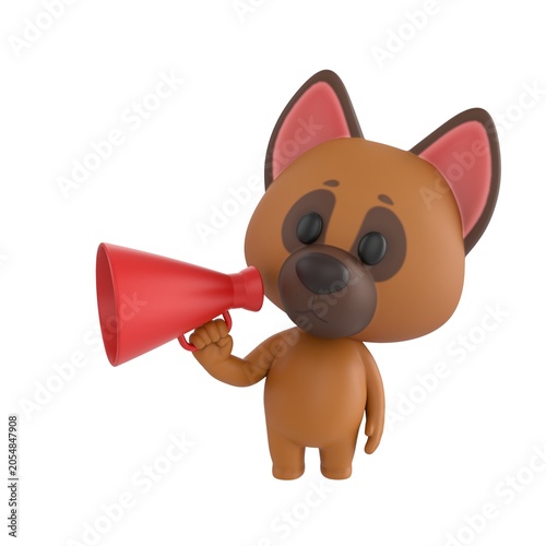 Cute 3D render German Shepherd Dog character making an announcement through a megaphone, expressive and energetic mascot style, isolated on white background.