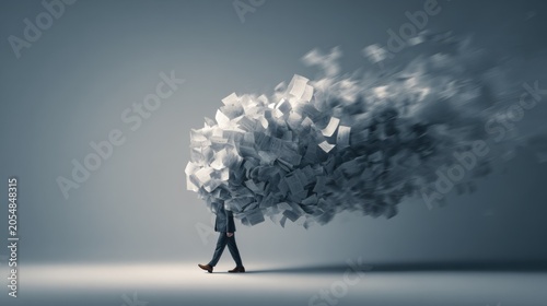 A businessman walks carrying a huge cloud of paper, symbolizing overwhelming workload and stress