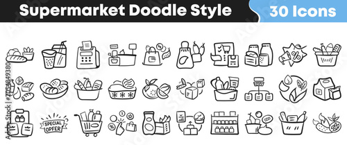 Tableau sur toile Collection of hand drawn supermarket icons in cute doodle style