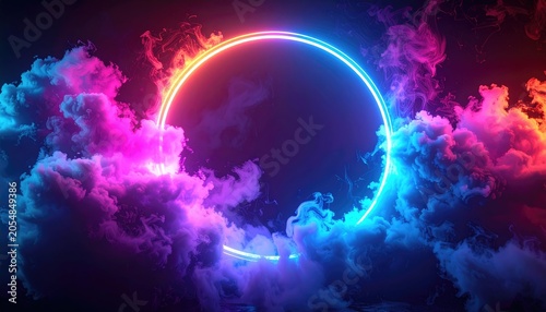 Glowing neon circle amidst ethereal, colorful clouds against a dark background with vibrant, swirling hues